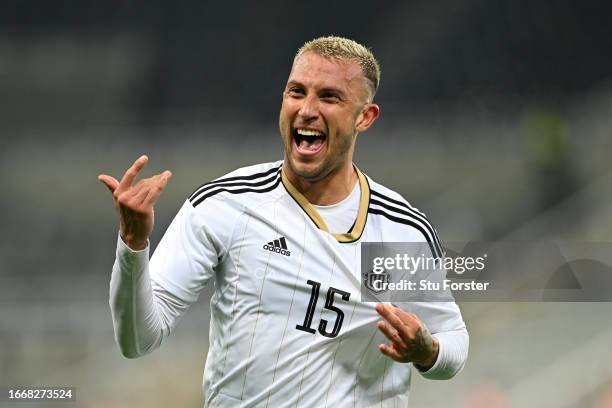 Francisco Calvo of Costa Rica celebrates after scoring the team's first goal during the International Friendly match between Saudi Arabia and Costa...