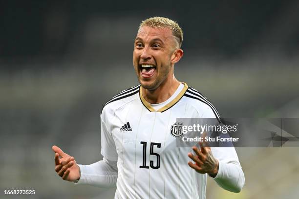 Francisco Calvo of Costa Rica celebrates after scoring the team's first goal during the International Friendly match between Saudi Arabia and Costa...