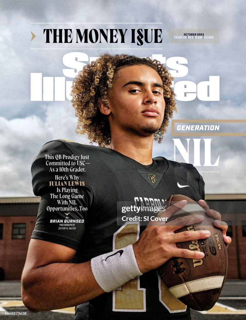 Portrait of Carrollton HS QB Julian Lewis posing during photo shoot