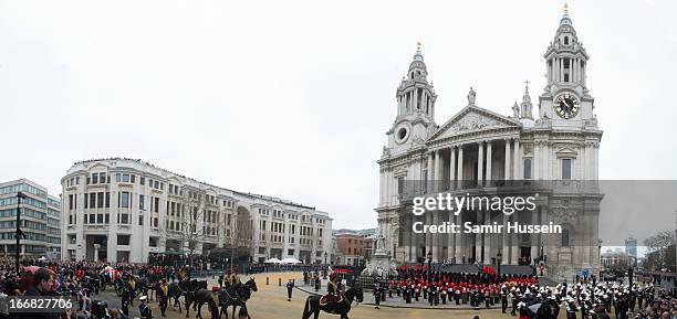General view as the coffin of former British prime minister Margaret Thatcher arrives at St Paul's Cathedral for a ceremonial funeral service on...