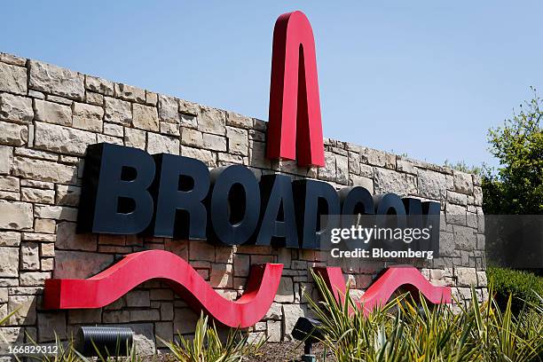 Broadcom Corp. Signage is displayed outside of the company's headquarters in Irvine, California, U.S., on Friday, April 12, 2013. Broadcom Corp....