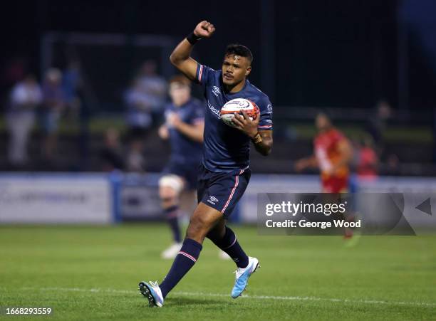 Maliq Holden of Doncaster Knights celebrates during the Premiership Rugby Cup match between Doncaster Knights and Cambridge at Castle Park on...