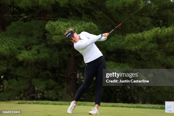 Nanna Koerstz Madsen of Denmark plays her shot from the fifth tee during the second round of the Kroger Queen City Championship presented by P&G at...