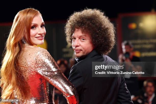 Jessica Chastain and Michel Franco attend a red carpet for the movie "Memory" at the 80th Venice International Film Festival on September 08, 2023 in...