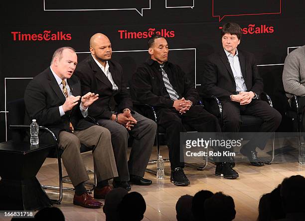 Jim Dwyer, Kevin Richardson, Korey Wise and Ken Burns attend TimesTalks Presents: "Central Park 5" at TheTimesCenter on April 17, 2013 in New York...