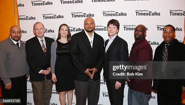 Raymond Santana, Jim Dwyer, Sarah Burns, Kevin Richardson, Ken Burns, Antron McCray and Korey Wise attend TimesTalks Presents: "Central Park 5" at...