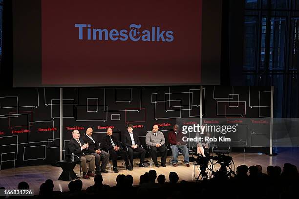 Jim Dwyer, Kevin Richardson, Korey Wise, Ken Burns, Raymond Santana, Antron McCary and Sarah Burns attend TimesTalks Presents: "Central Park 5" at...
