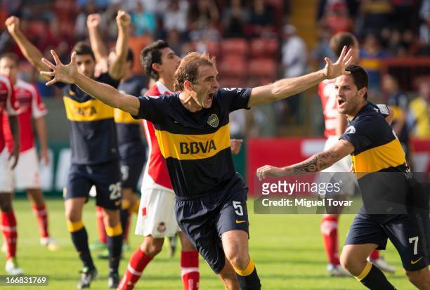 Leandro Somoza of Boca Jrs celebrates after scoring during the match between Toluca from Mexico and Boca Jrs from Argentina as part of the Copa...