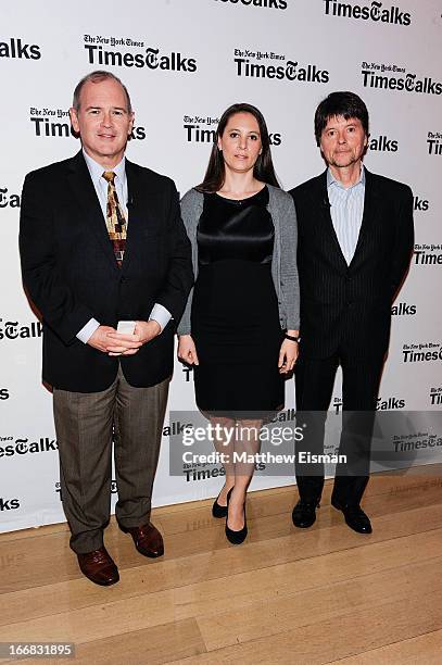 New York Times columnist Jim Dwyer, director/ author Sarah Burns and director Ken Burns attend TimesTalks Presents: "Central Park 5" at The...