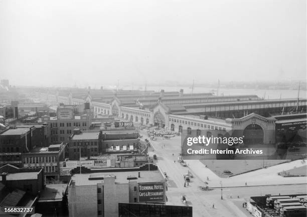 View of Chelsea Piers, on the city's west side, New York, ca 1920.