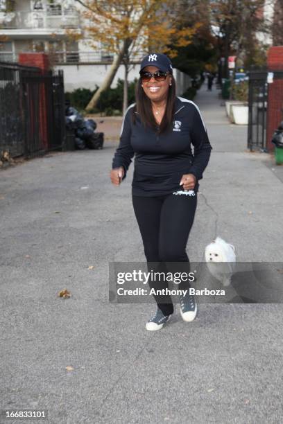 American television host Star Jones jogs with her pet Maltese dog, Pinky, New York, New York, 2012.