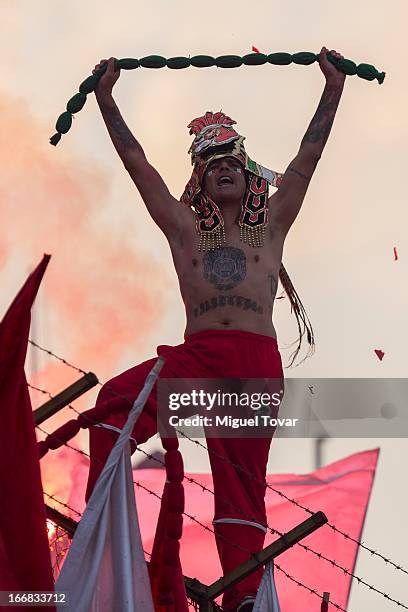 Supporters of Toluca cheer their team during the match between Toluca from Mexico and Boca Jrs from Argentina as part of the Copa Bridgestone...