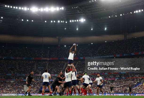 Gael Fickou of France catches the line out during the Rugby World Cup France 2023 Pool A match between France and New Zealand at Stade de France on...