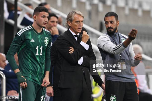 Roberto Mancini, Head Coach of Saudi Arabia, reacts during the International Friendly match between Saudi Arabia and Costa Rica at St James' Park on...