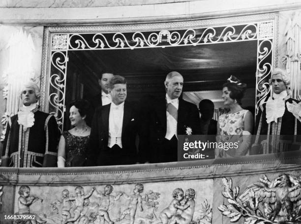 President John Fitzgerald Kennedy and First Lady Jacqueline Kennedy along with French President Charles de Gaulle and his wife Yvonne attend the gala...