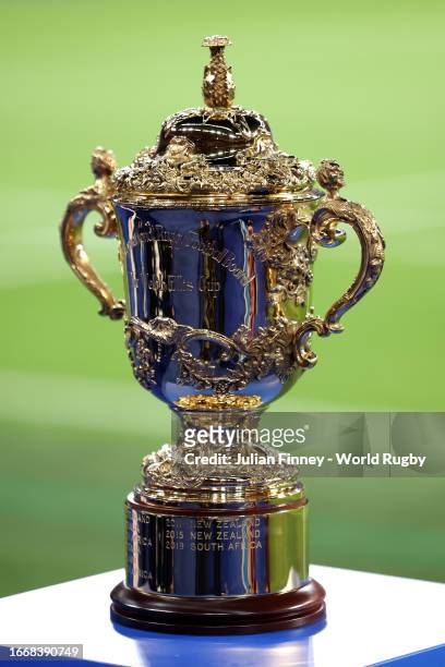 Detailed view of The Webb Ellis Cup prior to the Rugby World Cup France 2023 Pool A match between France and New Zealand at Stade de France on...