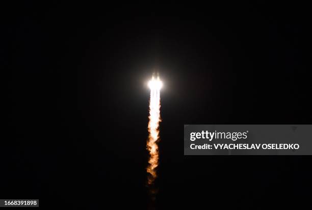 The Soyuz MS-24 spacecraft carrying the International Space Station Expedition 70-71 crew of US NASA astronaut Loral O'Hara and Russian Roscosmos...