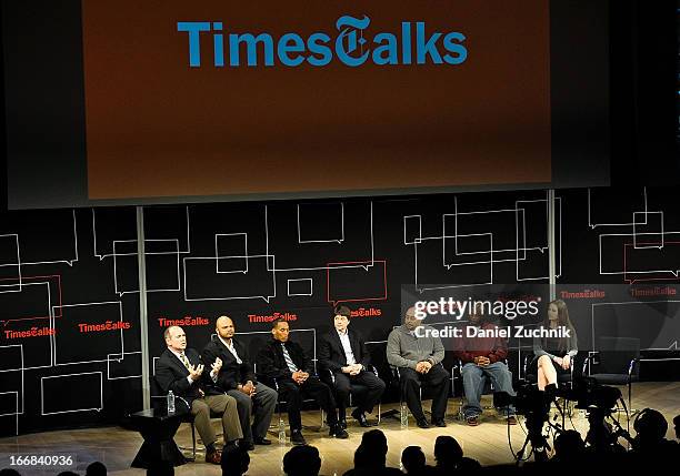 Jim Dwyer, Kevin Richardson, Korey Wise, Ken Burns, Raymond Santana, Antron McCray and Sarah Burns attend the TimesTalks Presents: "Central Park 5"...