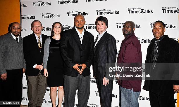 Raymond Santana, Jim Dwyer, Sarah Burns, Kevin Richardson, Ken Burns, Antron McCray and Korey Wise attend the TimesTalks Presents: "Central Park 5"...