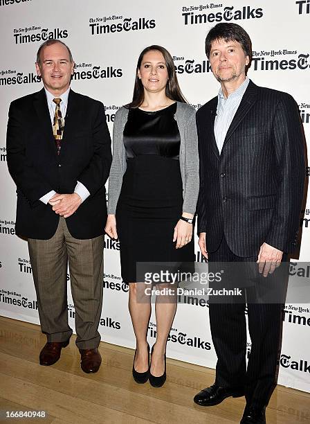 Jim Dwyer, Sarah Burns and Ken Burns attend the TimesTalks Presents: "Central Park 5" at TheTimesCenter on April 17, 2013 in New York City.