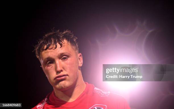 Will Gibson of Cornish Pirates reacts following the Premiership Rugby Cup match between Cornish Pirates and Bath Rugby at Mennaye Field on September...