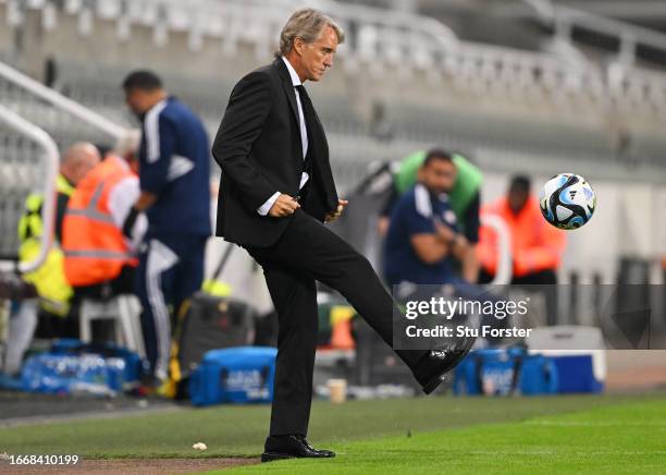 Roberto Mancini, Head Coach of Saudi Arabia, controls the ball during the International Friendly match between Saudi Arabia and Costa Rica at St...