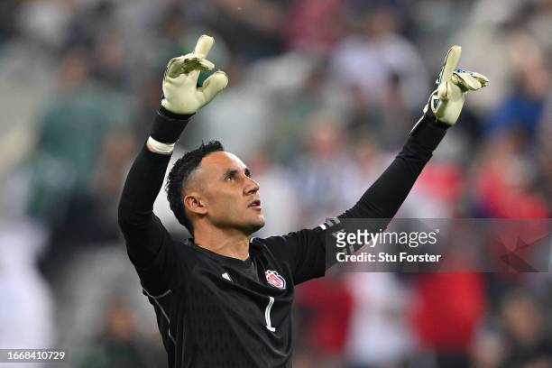 Keylor Navas of Costa Rica celebrates victory after the International Friendly match between Saudi Arabia and Costa Rica at St James' Park on...