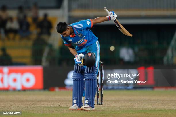Shubman Gill of India celebrates after scoring a century during the Asia Cup Super Four match between India and Bangladesh at R. Premadasa Stadium on...