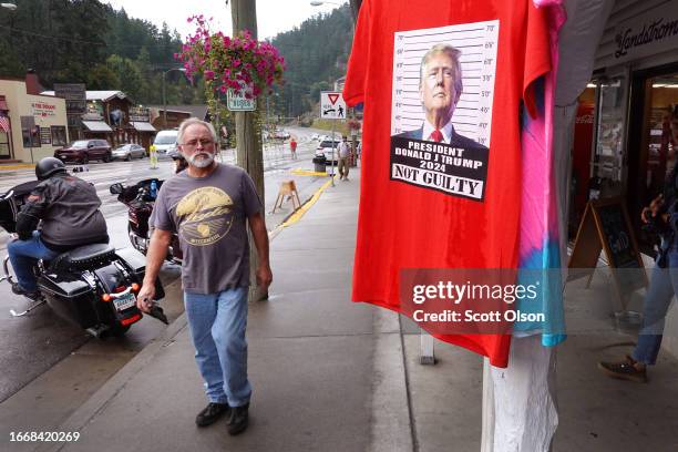 Vendor sells merchandise supporting Republican presidential candidate former President Donald Trump on September 07, 2023 in Keystone, South Dakota....