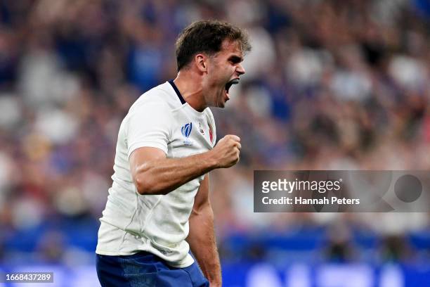 Damian Penaud of France celebrates as Referee Jaco Peyper awards a penalty during the Rugby World Cup France 2023 Pool A match between France and New...