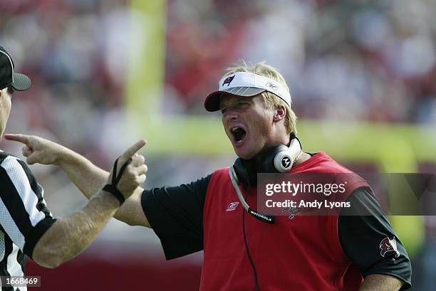 Head coach Jon Gruden of the Tampa Bay Buccaneers argues with an official during the NFL game against the Minnesota Vikings at Raymond James Stadium...