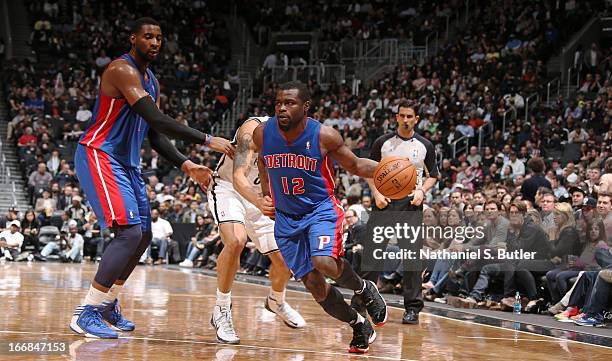 Will Bynum of the Detroit Pistons dribbles in a game against the Brooklyn Nets April 17, 2013 at the Barclays Center in the Brooklyn borough of New...