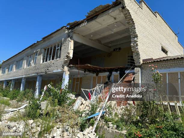 View of destroyed school as Russia-Ukraine war continues in Pravdyno village of Kherson Region, Ukraine on September 15, 2023.