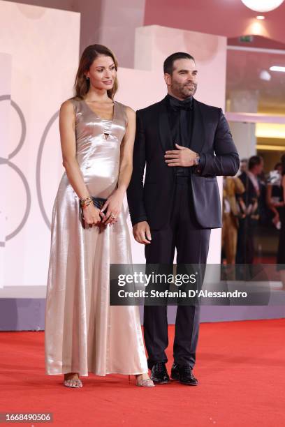 Alejandro Nones and a guest attend a red carpet for the movie "Memory" at the 80th Venice International Film Festival on September 08, 2023 in...