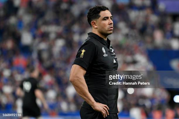 Anton Lienert-Brown of New Zealand looks dejected at full-time following the Rugby World Cup France 2023 Pool A match between France and New Zealand...