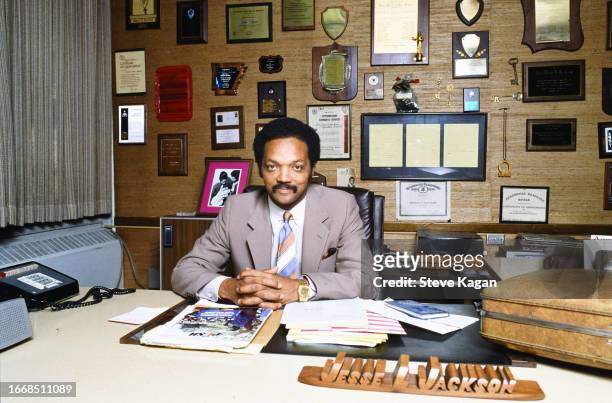 Reverend Jesse Jackson poses for a portrait at his Operation PUSH office in August 1982 in Chicago, Illinois.