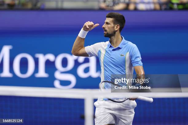 Novak Djokovic of Serbia celebrates his victory against Ben Shelton of the United States during their Men's Singles Semifinal match on Day Twelve of...