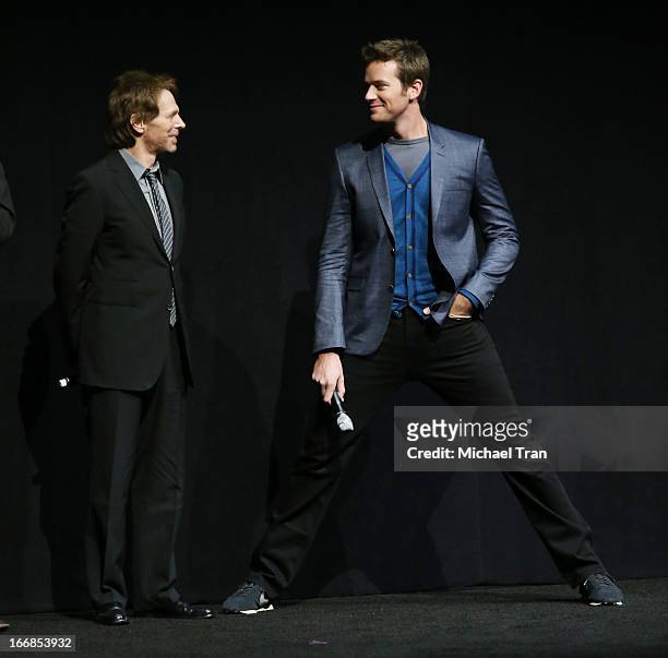 Jerry Bruckheimer and Armie Hammer appear at a Walt Disney Studios Motion Pictures presentation to promote the upcoming film 'The Lone Ranger' held...
