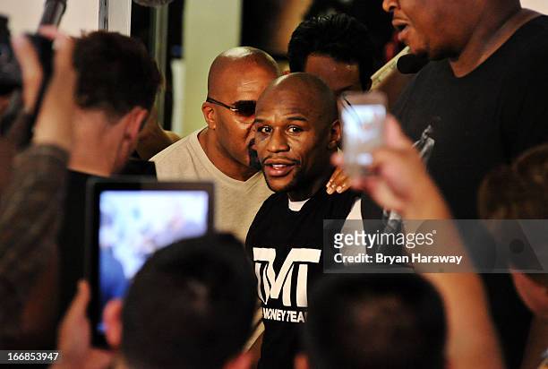 Boxer Floyd Mayweather Jr. Attends a work out session at the Mayweather Boxing Club on April 17, 2013 in Las Vegas, Nevada. Mayweather Jr. Will fight...