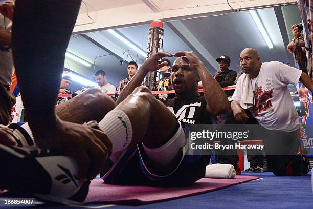 Boxer Floyd Mayweather Jr. Works out at the Mayweather Boxing Club on April 17, 2013 in Las Vegas, Nevada. Mayweather Jr. Will fight Robert Guerrero...