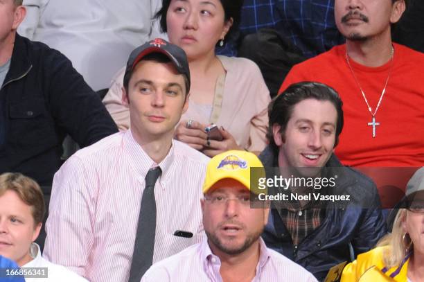 Jim Parsons and Simon Helberg attend a basketball game between the Houston Rockets and the Los Angeles Lakers at Staples Center on April 17, 2013 in...