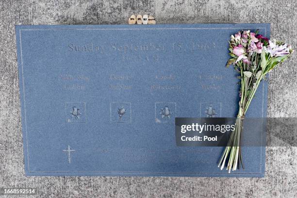 Marker honors the victims where the bombing took place at the 60th Commemoration of the 16th Street Baptist Church bombing on September 15, 2023 in...