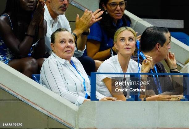 Gerda Jacoba Aletta Maritz and Charlize Theron are seen at the 2023 US Open Tennis Championships on September 08, 2023 in New York City.