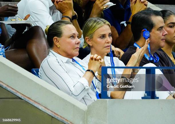 Gerda Jacoba Aletta Maritz and Charlize Theron are seen at the 2023 US Open Tennis Championships on September 08, 2023 in New York City.