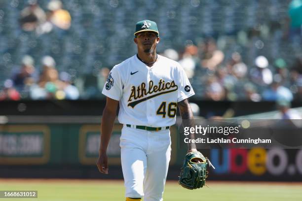 Pitcher Luis Medina of the Oakland Athletics looks on during the game against the Toronto Blue Jays at RingCentral Coliseum on September 04, 2023 in...