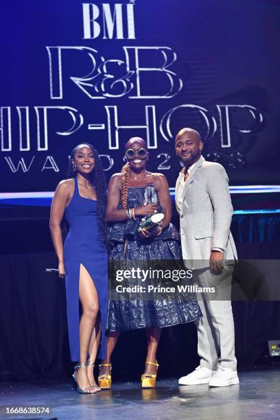 Christopher Scott Wallace, Venita McCollum and Byron Wright onstage during the 2023 BMI R&B/Hip-Hop Awards Show at LIV Nightclub at Fontainebleau...