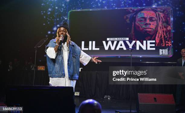 Lil Wayne speaks onstage during the 2023 BMI R&B/Hip-Hop Awards Show at LIV Nightclub at Fontainebleau Miami on September 6, 2023 in Miami Beach,...