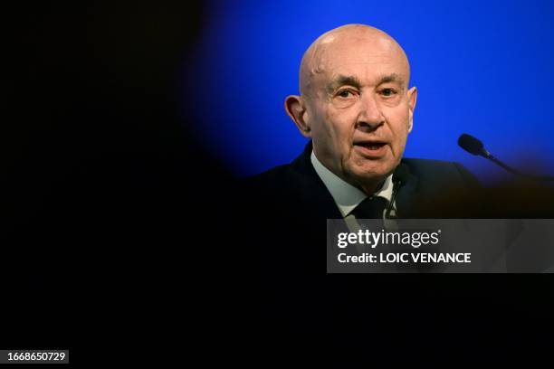 French senator and president of the 'Les Independants - Republique et Territoires' group in the Senate Claude Malhuret delivers a speech during the...