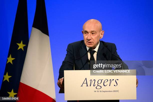 French senator and president of the 'Les Independants - Republique et Territoires' group in the Senate Claude Malhuret delivers a speech during the...