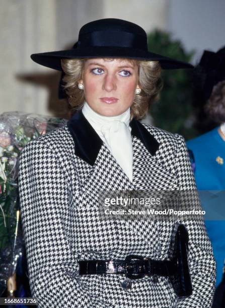 Princess Diana during a visit to Munich, Germany, during an official tour of the country, on 4th November, 1987. Diana wears a houndstooth jacket...